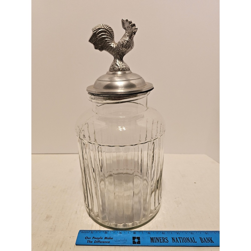 Vintage Ribbed Glass Apothecary Jar with Metal Rooster Lid Farmhouse Canister
